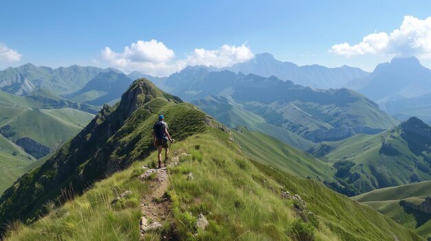 Hiker on a mountain ridge with a breathtaking view