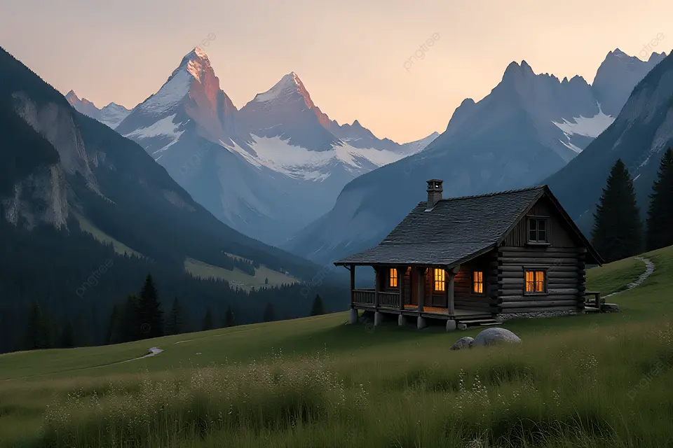 Cozy mountain hut illuminated at dusk