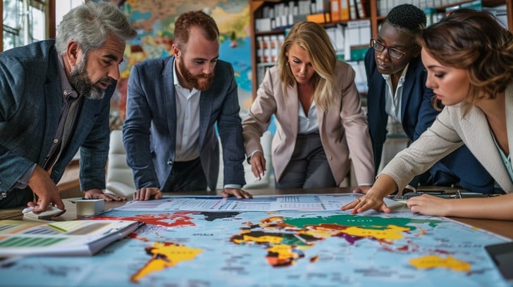 Team members planning a trip on a large map