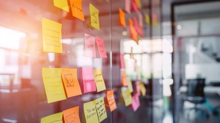 Brainstorming session with sticky notes on a glass wall