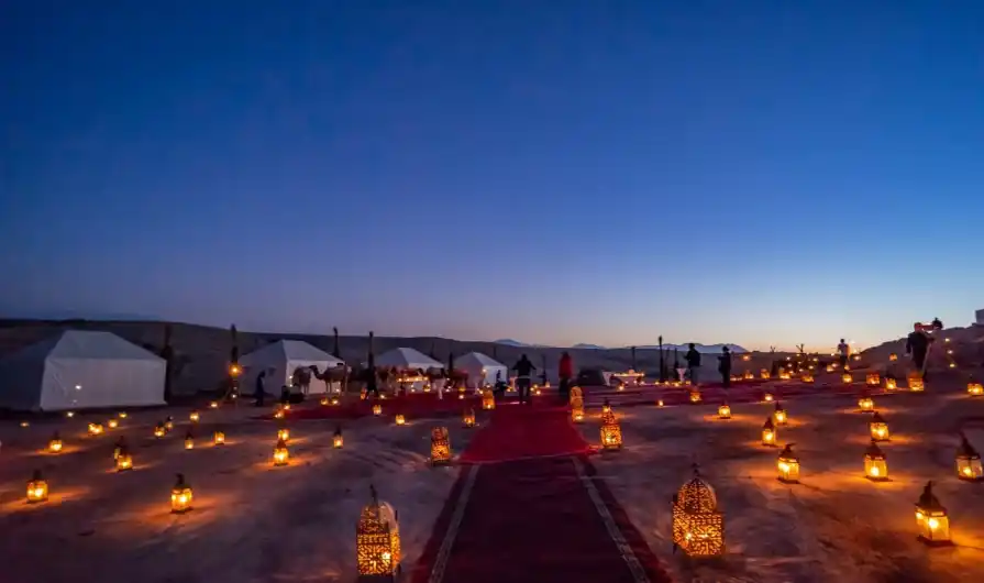 A luxury desert camp illuminated under the starry night sky